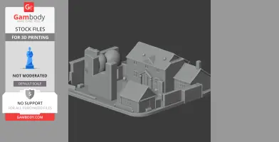 3D model of a small building complex with houses and industrial structures on a platform.
