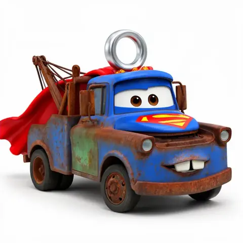 A tow truck character with a Superman emblem and cape, featuring a ring on top.