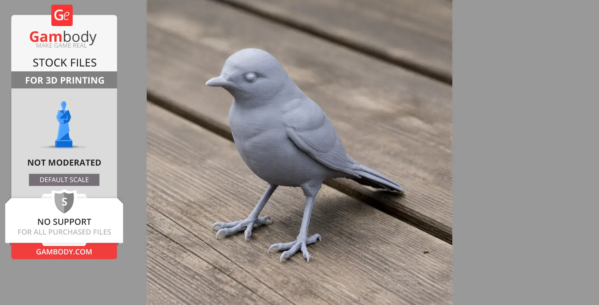 3D printed wagtail bird model in gray, displayed on wooden surface.