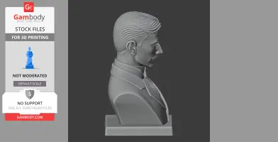 A 3D printed bust of a man in a suit, displayed in profile view.