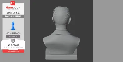 Back view of a bust with detailed hair and suit, on a pedestal for 3D printing.