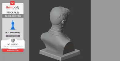 3D model of a bust depicting a historical figure with styled hair, on a square base, viewed from the back.