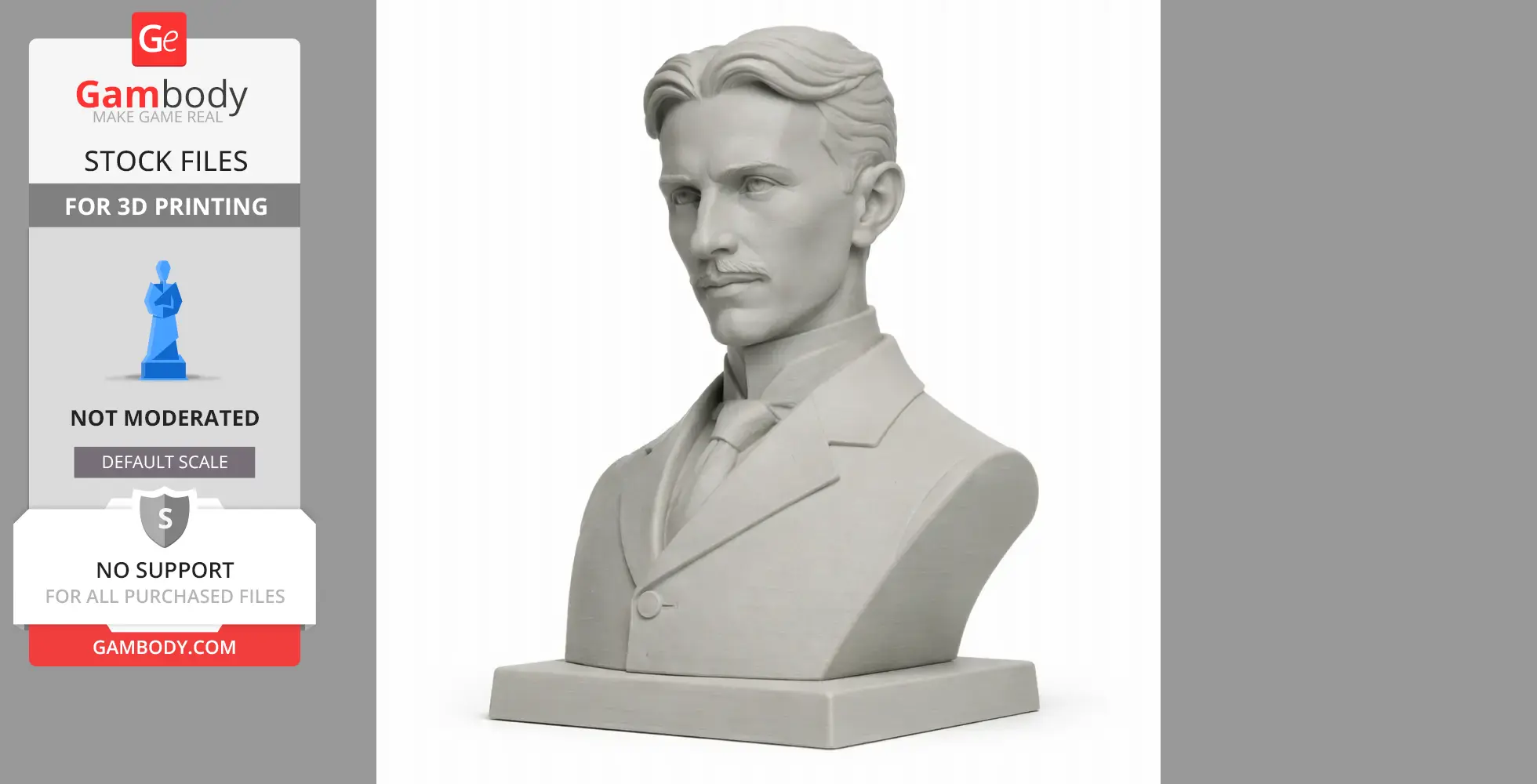 Bust of a man in a suit with slicked-back hair and a mustache, on a rectangular base.