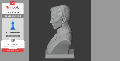 Profile view of a historical figure bust with detailed hair and suit, set on a rectangular base.