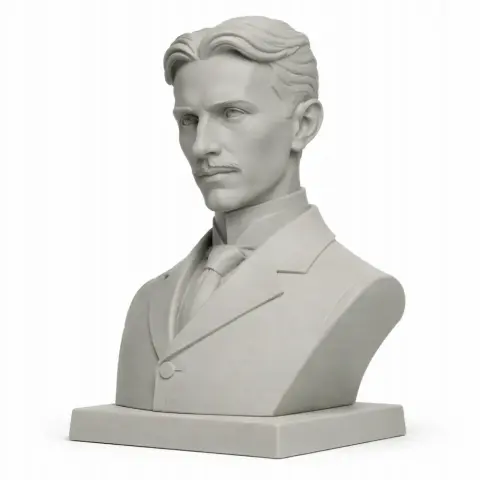 A detailed bust of a man with slicked-back hair in a suit, set on a square base.