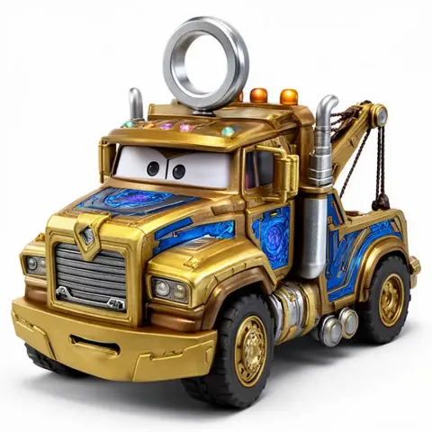 A golden tow truck with colorful gems and a large ring on top, resembling a character from a car-themed movie.