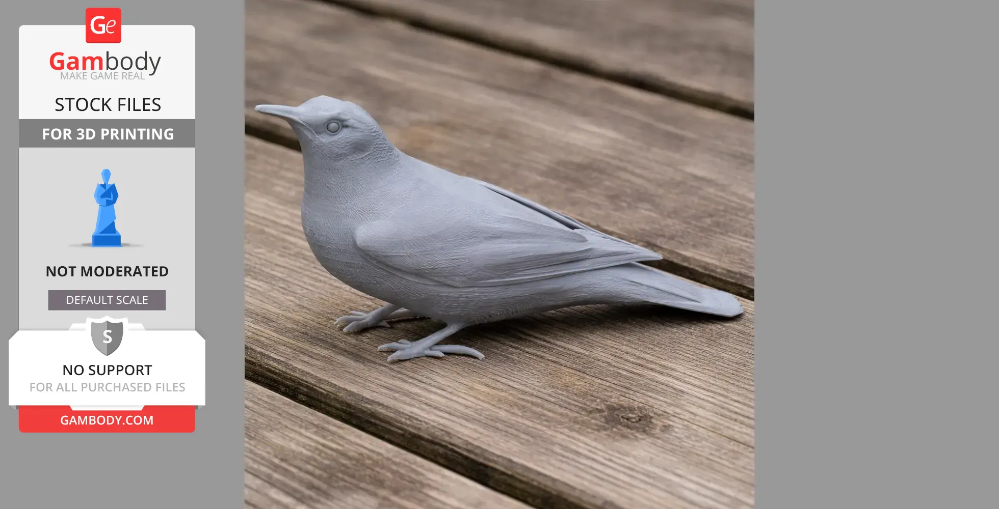 Gray 3D-printed model of a bird, positioned on wooden planks.