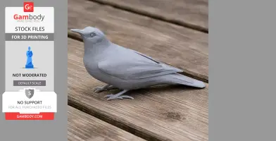 Gray 3D-printed model of a bird, positioned on wooden planks.