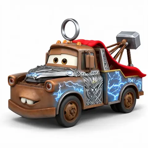 Mater-style car with Thor's cape, Mjolnir hammer, and lightning details.