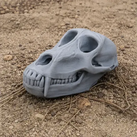 3D-printed Hamadryas baboon skull replica resting on sandy ground.