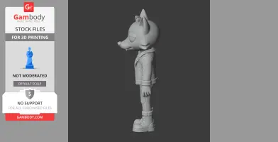 Anthropomorphic fox figurine in a jacket, viewed from the side, designed for 3D printing.