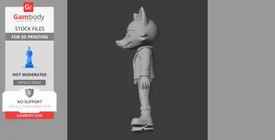 Cartoon wolf character in jacket and boots, side view, 3D printable figure.