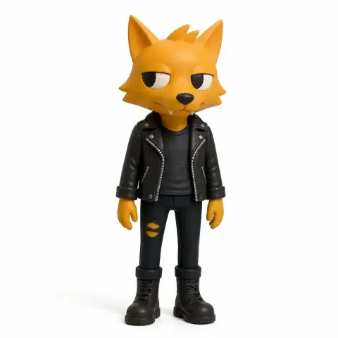 Anthropomorphic fox in a leather jacket and boots, standing confidently.