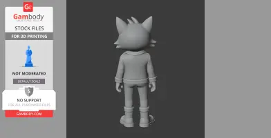 Anthropomorphic cat figurine in a jacket and boots, viewed from the back, for 3D printing.