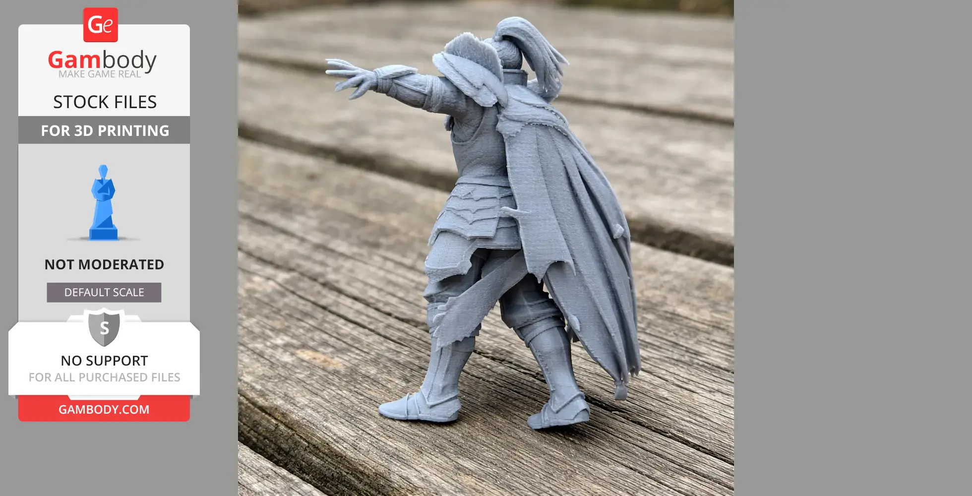 A 3D printed samurai figure with raised arm, detailed armor, and a flowing cape stands on wooden planks.