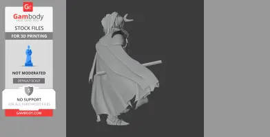 3D model of a samurai in traditional attire with a horned helmet, cloak, and sword, ready for printing.