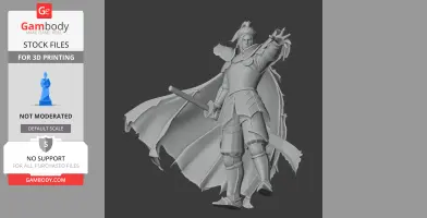 A samurai warrior in armor and flowing cape, holding a sword, posed dynamically for 3D printing.