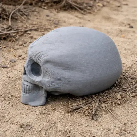 Gray Homo floresiensis skull replica resting on sandy ground.
