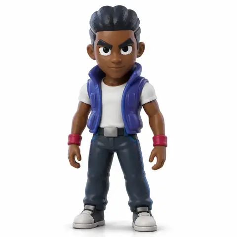 3D figurine of Brock from Brawl Stars, wearing a blue vest, white shirt, and blue pants.