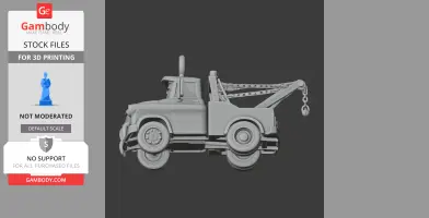 A 3D model of a tow truck with detailed chains and wheels, viewed from the side.