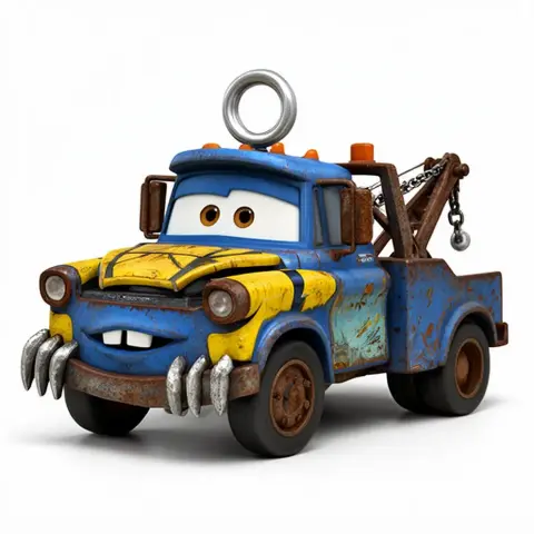 A cartoon tow truck with Wolverine-style claws and painted yellow and blue details, resembling a mashup figure.