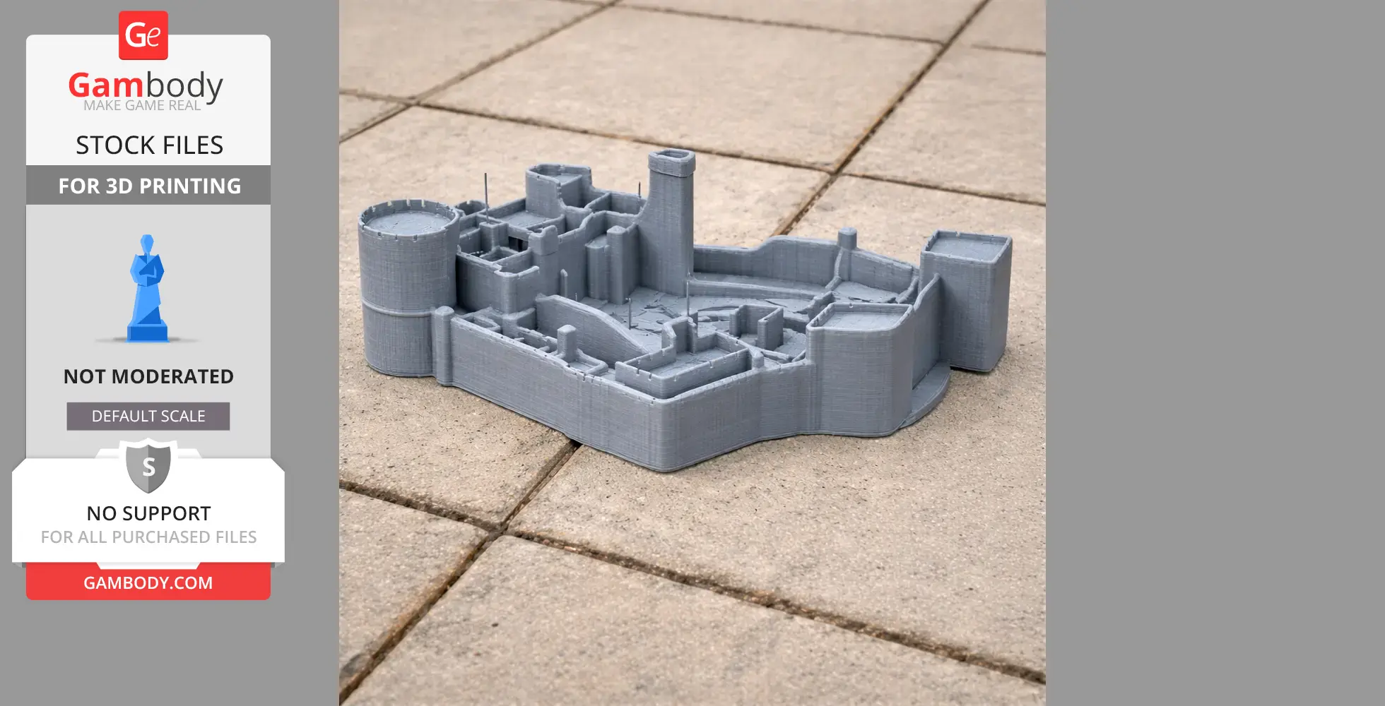 A 3D-printed model of Peckforton Castle on stone tiles, featuring detailed architectural structures.