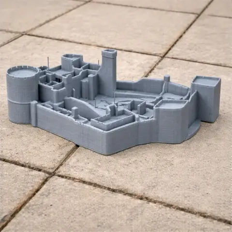 A detailed 3D-printed model of Peckforton Castle, showcasing its architectural layout.