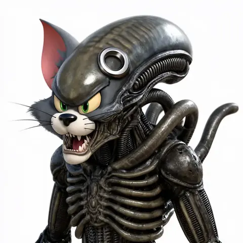 Mashup figure of a cartoon cat with an alien exoskeleton body, featuring a menacing expression.