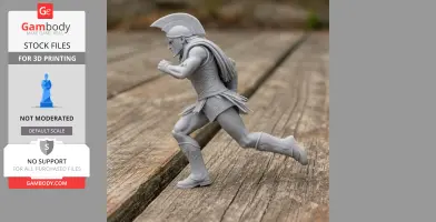 Gray 3D print model of ancient warrior in dynamic running pose, wearing helmet and armor.
