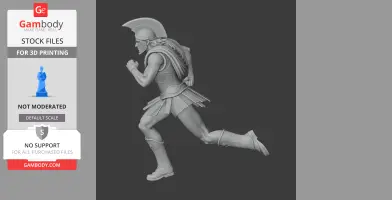 A 3D model of an ancient warrior running, wearing a helmet, armor, and boots, with detailed flowing attire.