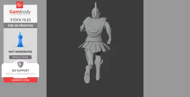 A 3D model of an ancient warrior in armor, viewed from behind, wearing a helmet and skirt with greaves.