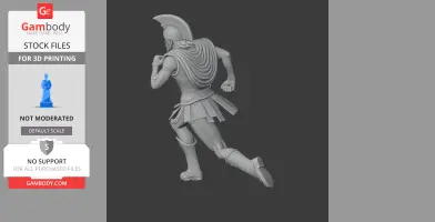 Ancient warrior in motion, wearing a crested helmet and armor with a flowing cape, ready for 3D printing.