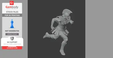 A 3D model of an ancient warrior in a running pose, wearing a helmet and armor with a skirt and boots.