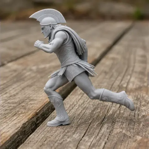 3D model of an ancient warrior in mid-run, wearing a helmet, armor, and boots.