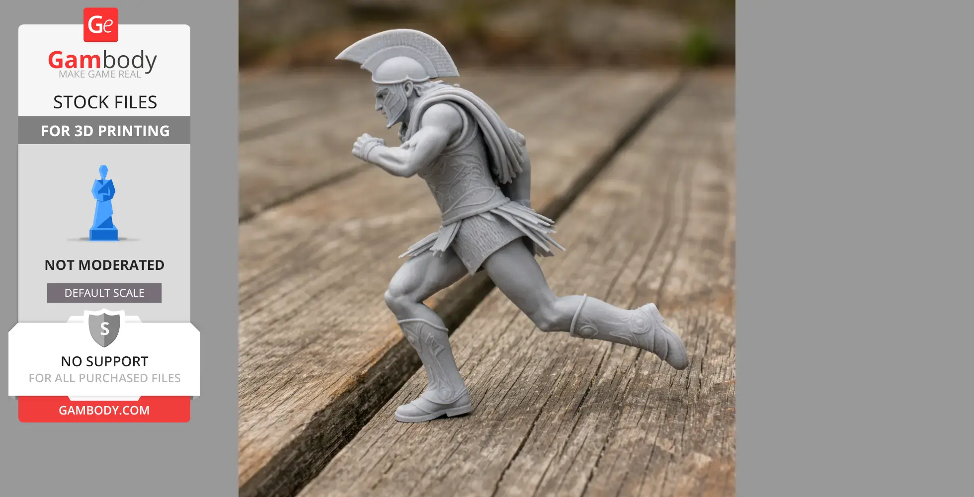 Gray 3D print model of ancient warrior in dynamic running pose, wearing helmet and armor.