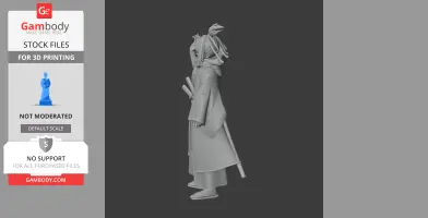 A 3D model of a samurai in traditional clothing with a topknot, viewed from the side.