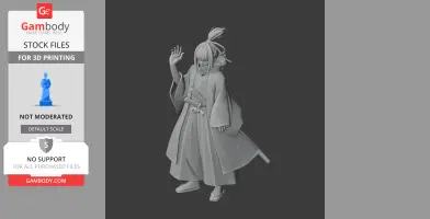A 3D model of a samurai in traditional attire, with a topknot and raised hand gesture.