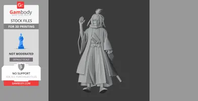 Samurai figure in traditional attire, standing with raised hand. Detailed 3D printable model.