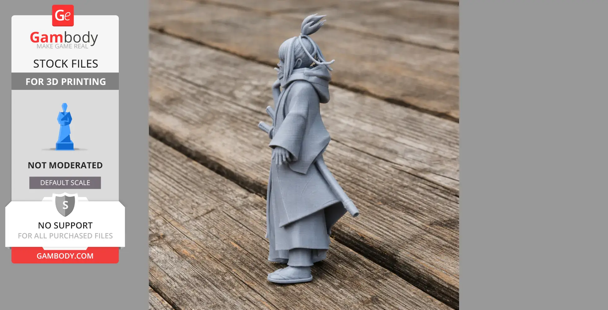 3D printed model of a samurai with traditional attire, topknot hairstyle, and a sword on wooden surface.