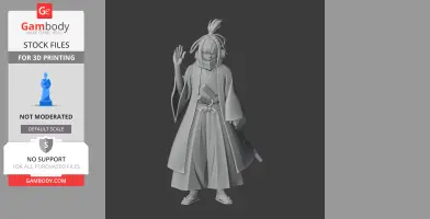A detailed 3D model of a samurai in traditional attire, holding a hand up, ready for printing.