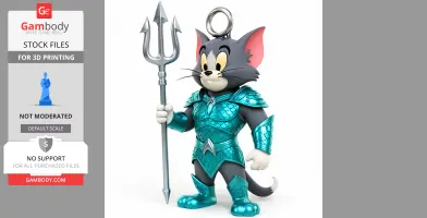 Tom Cat in Aquaman armor, holding a trident, with a ring on top for hanging.