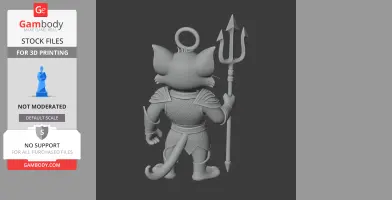A cat figure in Aquaman-style armor holding a trident, seen from behind.