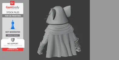 Anthropomorphic cat figure in a hooded cloak, viewed from behind; prepared for 3D printing.