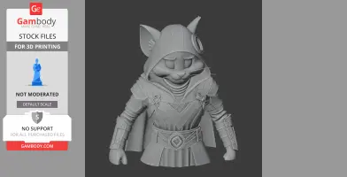 Cat-like figure in assassin attire with a hood and belt, designed for 3D printing.