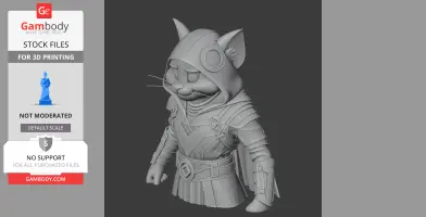 A 3D printed cat figure in an assassin outfit with a hood, detailed armor, and belt.