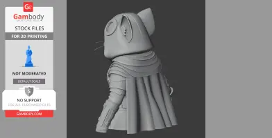 3D model of a cartoon cat in a cloak and armor, viewed from behind, designed for 3D printing.