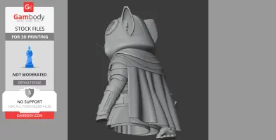A 3D model of an anthropomorphic cat in an assassin outfit with a cape, ready for 3D printing.