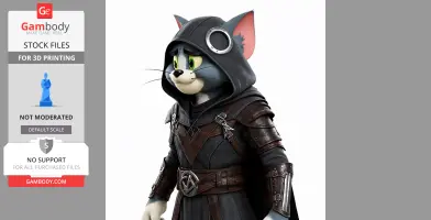 Cartoon cat in a hooded assassin outfit with leather armor and metal details, ready for 3D printing.