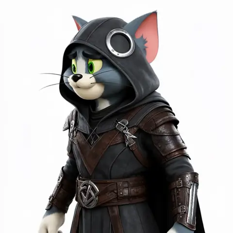 A hooded cartoon cat in assassin attire with leather straps and metal accents.