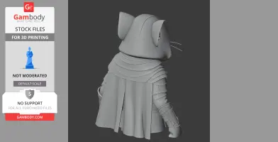 A 3D model of a cat character in assassin attire, featuring a cape and armor, designed for 3D printing.
